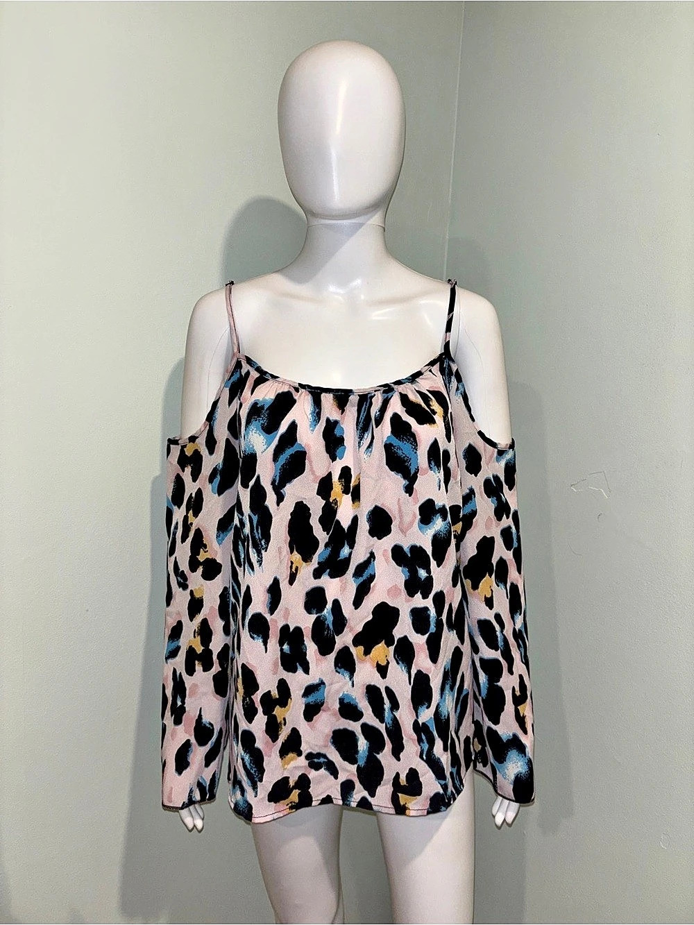 SHEIN Pink Leopard Print Long Sleeve Cold Shoulder Blouse - XL